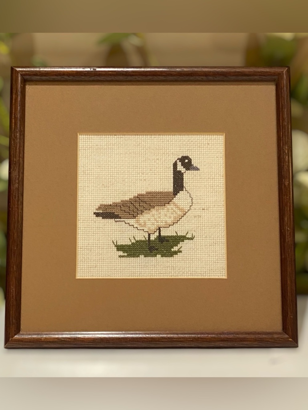 Vintage Needlepoint Standing Duck Goose Wood Framed under Glass Matted